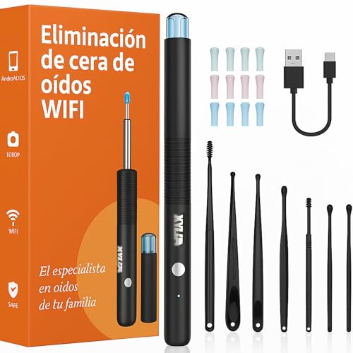 Xylla Otoscopio Limpiador de Oidos Cera 3,5mm-Endoscopio con WiFi 1920P Camara y 6 LED con 12 Orejeras de Silicona +8 Herramientas Profesionales,Ear Cleaner IP67 Impermeable para iOS/Android (Negro)