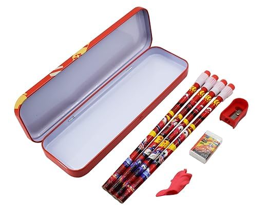 Image of Kidox Stationery Set for Kids- Birthday Gift for Girls, Boys - Metal Geometry Box for Girls & Boys Kids Pencil Box Set, Pencil Case Set, Pencil, Erasers, Sharpener for Children-Race Care