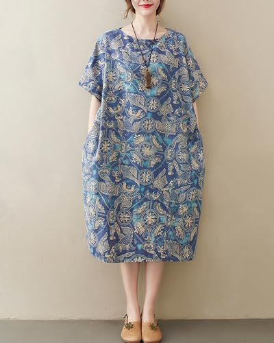 Image of LUZU JUNU Women's Summer Baggy Plus Size Loose Cotton Linen Long Boho Beach Dress with Pockets