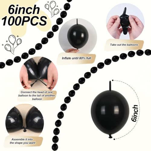 Image of Black Link Balloons, 100PCS Quick Linking Balloons for Make Balloon Wall Arch Garland, Black Linked Balloons for Wedding Birthday Baby Shower Engagement Graduation Halloween Party Decorations (6inch)