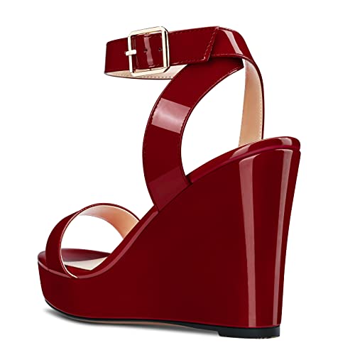 Image of Aachcol Women Platform Wedge Sandals Round Peep Open Toe Ankle Strap Slingback Two-Piece Chunky Block High Heel Dress Shoes Pumps Party Patent 4 Inch