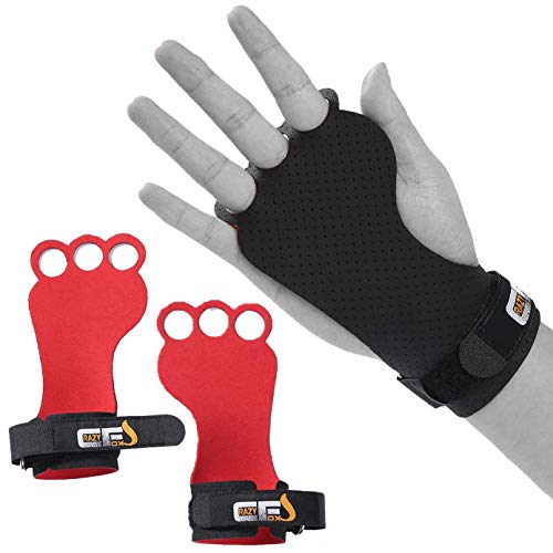 CRAZYFOXS Calleras para Crossfit - Grips 3H Microfibra – Guantes de Gimnasio para Protección de Manos - Diseño 2020 Ergonómico Hombre y Mujer - Gym Fitness Halterofilia - Rojo y Negro (M)