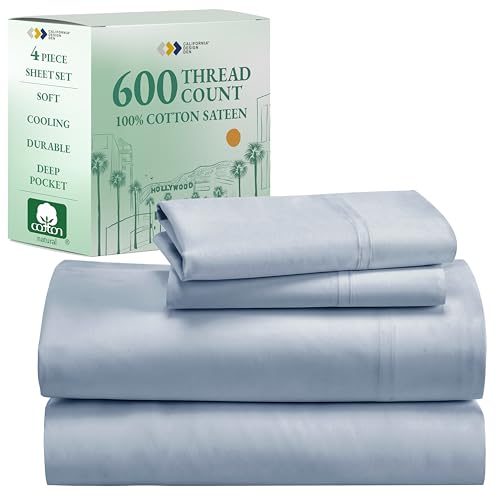 California Design Den Luxury Queen Size Sheet Set - 100% Cotton, 600 Thread Count Deep Pocket Queen Sheets, Hotel-Quality Bedding with Sateen Weave - Blue