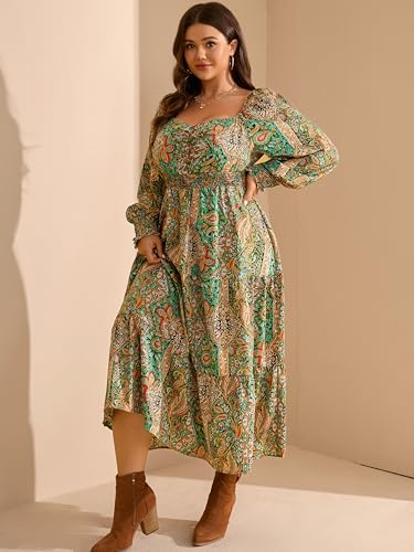 RWJ Women's Plus Size Paisley Maxi Dress Sweetheart Neck Elastic Long Sleeve Bohemian Flowy Fall Dresses3
