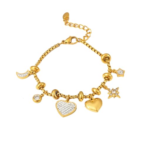 Image of Untold Stories Gold Plated Heart Charm Bracelet with Crystal Hearts, Stars and Moon, bracelet gift for women and girls, Adjustable and hypoallergenic.