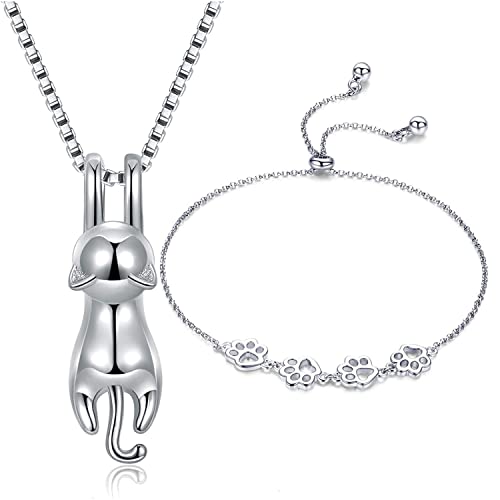 Wonvin Collection Mujeres 925 plata esterlina 3D lindo gato Amante superficie mate suave collar colgante (Pendant Necklace + Bracelet Set) Wonvin Collection Mujeres 925 plata esterlina 3D lindo gato Amante superficie mate suave collar colgante (Pendant Necklace + Bracelet Set)