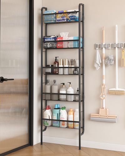 UMDONX Behind The Door Bathroom Shelf Narrow 5-Tier, Space-Saving Slim Storage Shelf Narrow Shelving Unit for Bathroom and Kitchen Black
