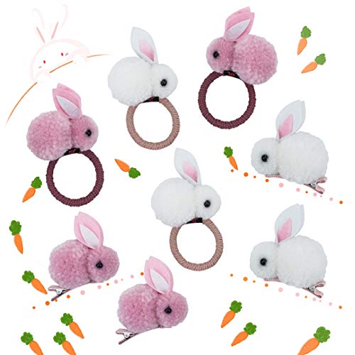 Beyond280 Cute Elastic Hair Ties and Hair Clips for Toddlers Teen Girls and Young Women Adorable Rabbit Bunny Hair Accessories for School and Work Pack of 8 (Pink, White)