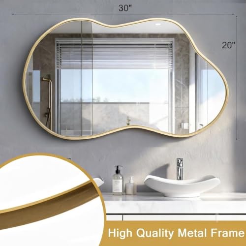 Image of Alfa Design Asymmetrical Mirror with Wood Frame Irregular Bathroom Mirror Decorative Wall Mirror Large 20 inchx30 inch Vintage Mirrors for Living Room Bathroom Bedroom Entryway Wall Decor (Gold)