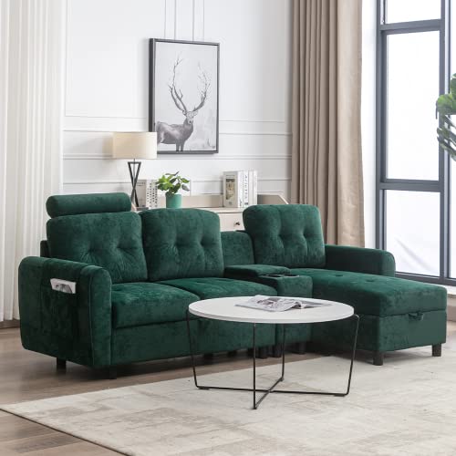 Kevinplus 89'' Sectional Sofa Couch With Chaise Lounge For Living Room, Modern 3-Seat Upholstered Tufted Cozy Storage Sofa Couch With Cupholder For Apartment Office, Polyester Fabric, Emerald #TOP7