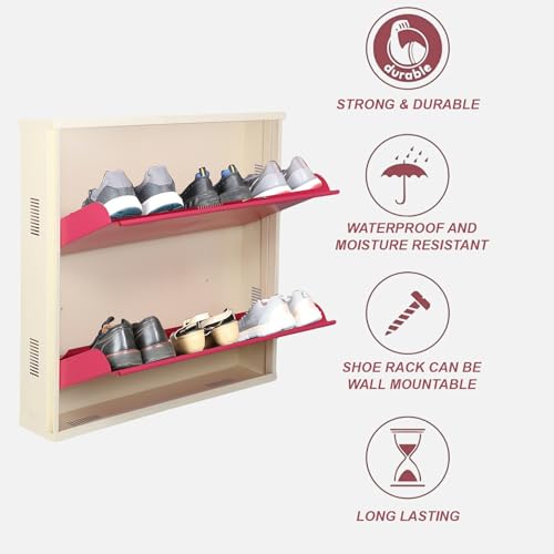 Image of Metal Shoe Rack Wall Mounted for Home with Central Locking 2 Door 28 inch Wall Mounted Metal 6 Pair Shoe Rack Cabinet Pre-Assembled Rack Shelves 3 Year Warranty (Pink & Ivory)