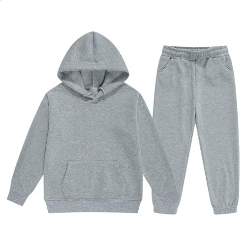 Boys Hoodies 2 Piece Outfit Fall Workout Long Sleeve Oversized Preppy Pullover Tops Sweatpants Set (Grey, 12-13 Years)