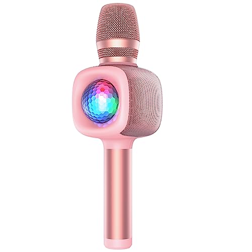 bopmen Karaoke Wireless Microphones,Bluetooth Microphone Karaoke for Singing, 4 in 1 Portable Karaoke Mic Speaker with Disco Ball LED Lights, for Home KTV Party,Singing/Birthday Party(Rose gold)