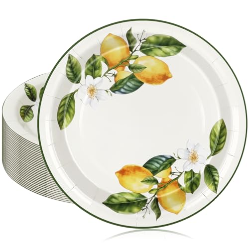JarThenaAMCS 50Pcs Summer Lemon Paper Plates 9 Inch Yellow Lemon Flower Disposable Plates Decorative Appetizer Dessert Plate for Holiday Wedding Fruit Birthday Dinner Party Supplies