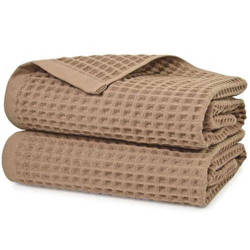 Jacquotha Waffle Bath Towels 2-Piece (Tan) - Cotton Soft Lightweight 31 x 62 Large Bath Towel for Bathroom Shower Spa Beach