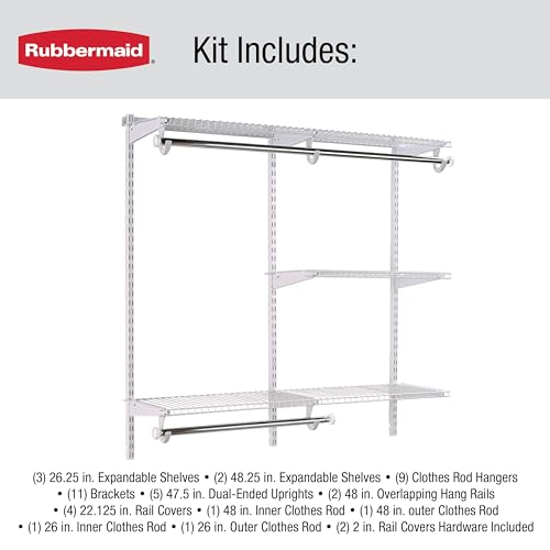 Rubbermaid Configurations Custom Closet Kit 4-8 Ft. Adjustable Metal Wire Shelving White Finish Expandable Organization System Hardware Included for Home Closet/Pantry/Laundry/Mudroom