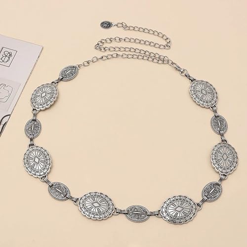 Women's Silver Retro 2-Piece Set: Cowboy Waist Belt with Concho & Double Layer Coin Pendant Necklace for Cowgirl Punk Country Concert Outfit 6