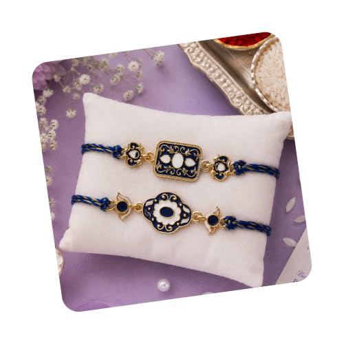 Image of eCraftIndia Unisex Adult Set Of 2 Peacock Feather Designer Rakhis For Brothers With Roli Chawal