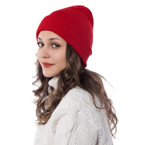 Beanie for Men Women Unisex Knitted Caps Soft Cuffed Plain Hat for Winter Warm (One Size Red)