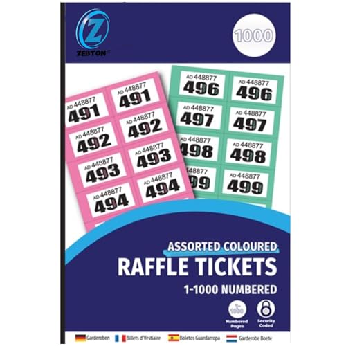 ZEBTON 1 x Raffle Tickets 1-1000 Cloakroom Tickets Lucky Draw Tombola Draw Prize Draw and Charity Events Assorted Colours