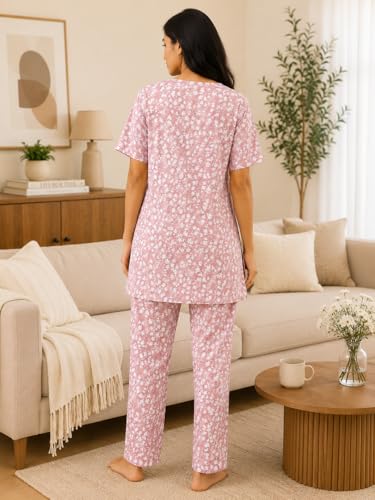 Image of KIAWAH Women Printed Night Suit Set, Cotton Blend Night Suit, A-Line Top and Pajama Set, Soft and Breathable Night Wear