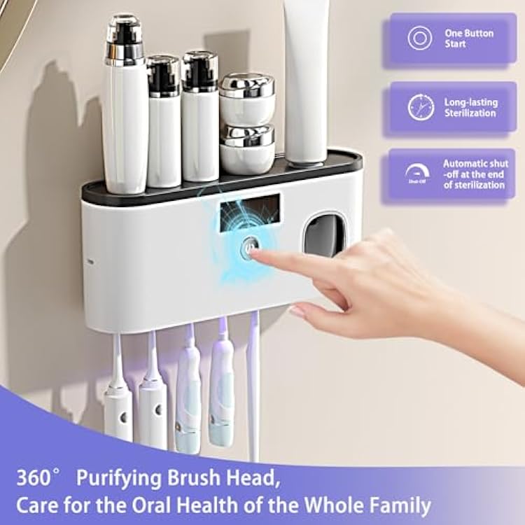 Toothbrush Holders for Bathrooms,Toothpaste Dispenser Wall Mounted,Electric Toothbrush Holders with Solar Charging, Smart Drying Toothbrush Cleaner,Toothbrush Organizer with 5 Brush Slots