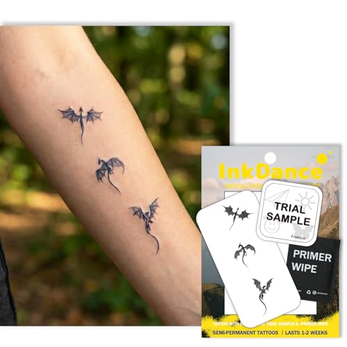 InkDance Semi-Permanent Tattoo, Flying Dragon Trio, Long Lasting Temporary Tattoos, Waterproof Plant-Based Ink, Lasts 1-2 Weeks, Color Develops in 24 Hours X249
