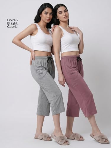 Image of Fflirtygo Women's Cotton Plain Calf Length Capri | Nightwear Short Pyjama | 3 /4th Solid Pyjama Pant | Regular Fit Casual & Lounge Wear Capri Combo (Pack of 2)