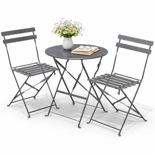 Set Cortina Bistrot da Giardino – Tavolo Rotondo e 2 Sedie Pieghevoli in Acciaio,Colore Antracite, Design Elegante per Balcone, Terrazzo Giardino e Veranda