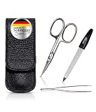 BERGWERK® Solingen Echt Leder Maniküre Set 3 teilig - Schwarz - Maniküre Set Damen & Herren, Leder LWG zertifiziert - Nagelschere, Pinzette, Feile, Reise Nageletui - Made in Germany