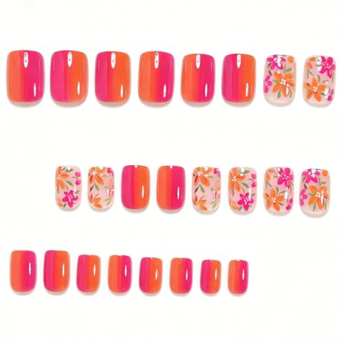 Image of Flower Press on Nails Orange Ombre Fake Nails Short Square Nails Press ons