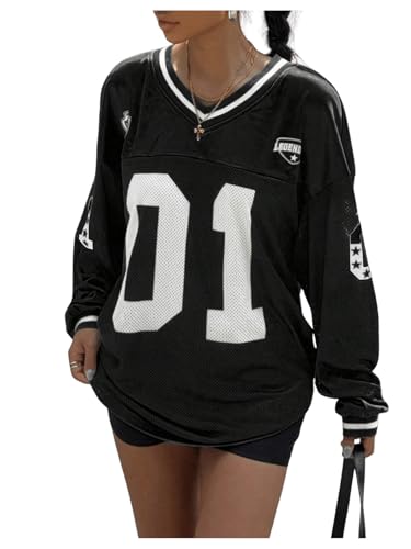 Women's Jersey Shirts Y2k Oversized T Shirt Number Letter Graphic Long Sleeve V Neck Sports Tee