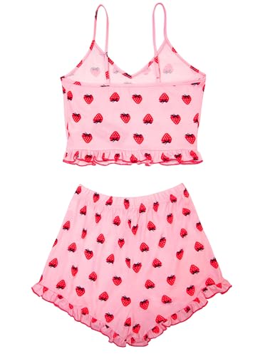 Image of Avanova Women Strawberry Graphic 2 Piece Pajama Shorts Set Cute Ruffle Cami Sleepwear Strawberry Pink Medium