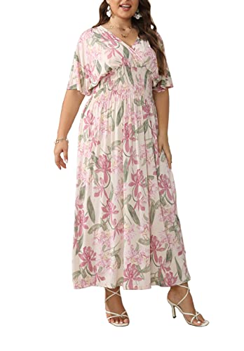 Image of OSTOO Women's Plus Size Hawaii Empire Waist Bat Short Sleeve Casual Floral Print Boho Maxi Dress