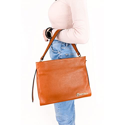 Image of Baroncelli Italian Leather Tote Bag for Women - Pebbled Genuine Leather Medium Handbag with Zipper - Made in Italy