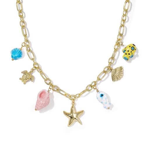 KissYan Charm Necklace for Women, 14K Gold Plated Heart Starfish Sun Pendant Fashion Link Chain Boho Summer Beach Jewelry Gifts