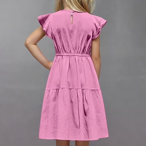 Girls Cotton Linen Dress Summer Casual Party Double-Ruffle Sleeves Dresses Loose A-Line Flowy Dress with Drawstring3