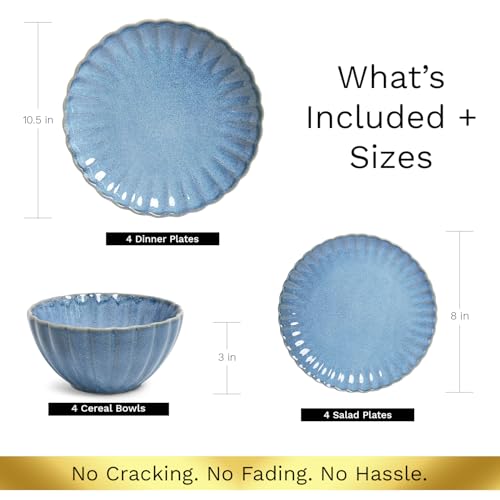 Image of 12 Pieces Stoneware Dinnerware Set, Microwave and Dishwasher Safe, for 4 | Scallop Frill Design, Chip Resistant, Ceramic, Includes Plates and Bowls