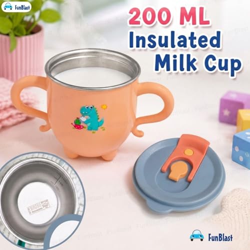 Image of FunBlast Milk Mug for Kids - Dinosaur Print S316 Stainless Steel Mug for Kids, Insulated Milk Cup with Lid & Straw, Water, Juice Drinking Mug, Glass, Cup for Kids - 200 ML (Peach)
