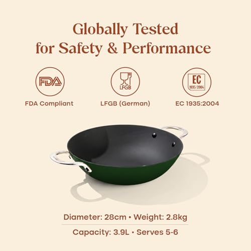 Image of CUMIN CO. Enamel Cast Iron Kadai LITE with Lid | 2L, 24 cm |5 Years Warranty | Non Toxic Heavy Bottom Kadhai for Frying | Induction & Gas Compatible | Chemical Free Coating | Green