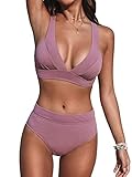 ÜBER MICH: Zweiteiliger Bikini mit gerippter Textur, V Ausschnitt, Fest angenähter Träger, High Waist Bikinihose