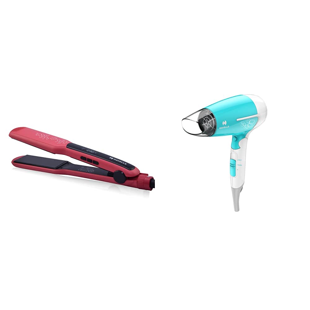 Havells HS4121 Wide Plate hair straightener With Digital Display & Adjustable temperature, Heats Up Fast (Red) & Havells HD3151 1600W Foldable Hair Dryer, 3 Heat Settings with Cool Shot(Turquoise)