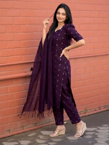 Image of ANNI Designer Women's Purple Printed Kurta Set | Pure Viscose 3 Piece Ethnic Suit Set with Pant & Dupatta | Festive for Women | Cotton Kurta Sets for Woman