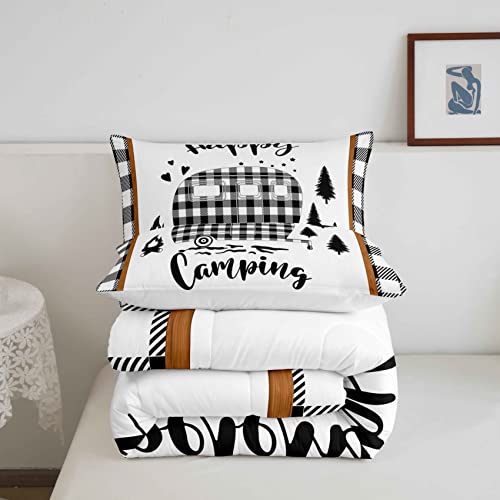 Boys Happy Camping Queen Size Comforter Set Kids Camper Decor All Season Bedding Set Girls Teens Rustic Farmhouse Comforter Camping Car Decor Geometric Quilt Set Bedroom Collection 3Pcs,White Black #TOP4