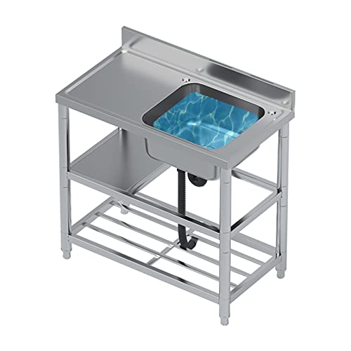 AOKEBR Fregadero Eexterior Jardin Ranura Única, Fregadero de Cocina, Patas Ajustables, con Mesa de Trabajo y Grifo Mezclador Frío/Calor, Filtro De Drenaje, para Tiendas, Restaurantes, Bares Cover