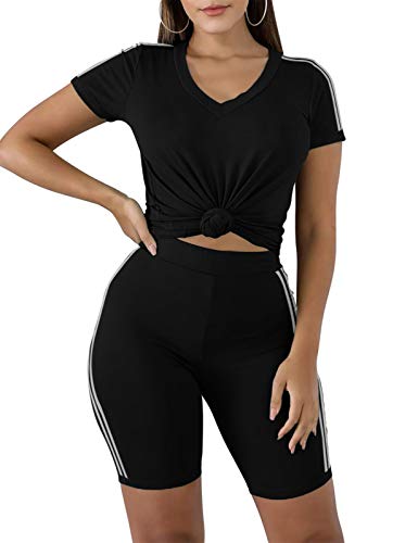 Etcyy Women's Black Girl Two Piece Outfits Colorblock Tracksuit Short Pants Sets Short Sleeve Sexy Workout Yoga Athletic Sweatsuit Jumpsuits #TOP1