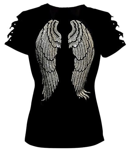 Angel Wings Bling Bling Rhinestones T-Shirt Ripped Cut Out Short