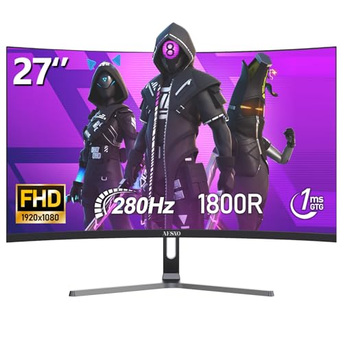 AESNO 27" inch Gaming Monitor FHD 280Hz Curved 1800R Computer Display Screen 1080P(1920x1080) 1ms(GTG) Freesync 100% sRGB DP HDMI VESA Suitable for e-sports games