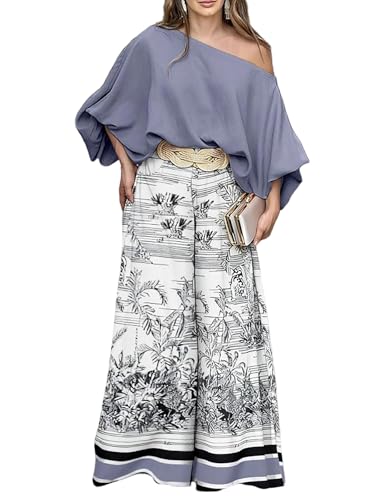 Image of CHICME Women Summer 2 Piece Outfits Off Shoulder Top Flowy Wide Leg Pants Set Vacation Travel Airport Outfits