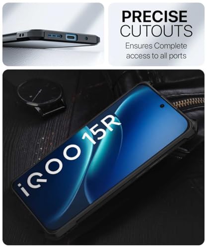 Image of BASECASE Shock Proof Crystal Clear Back Case Mobile Cover for iQOO 15R 5G (Hard | Hybrid PC + TPU | Full Armour Device & Camera Protection | Jet Black)